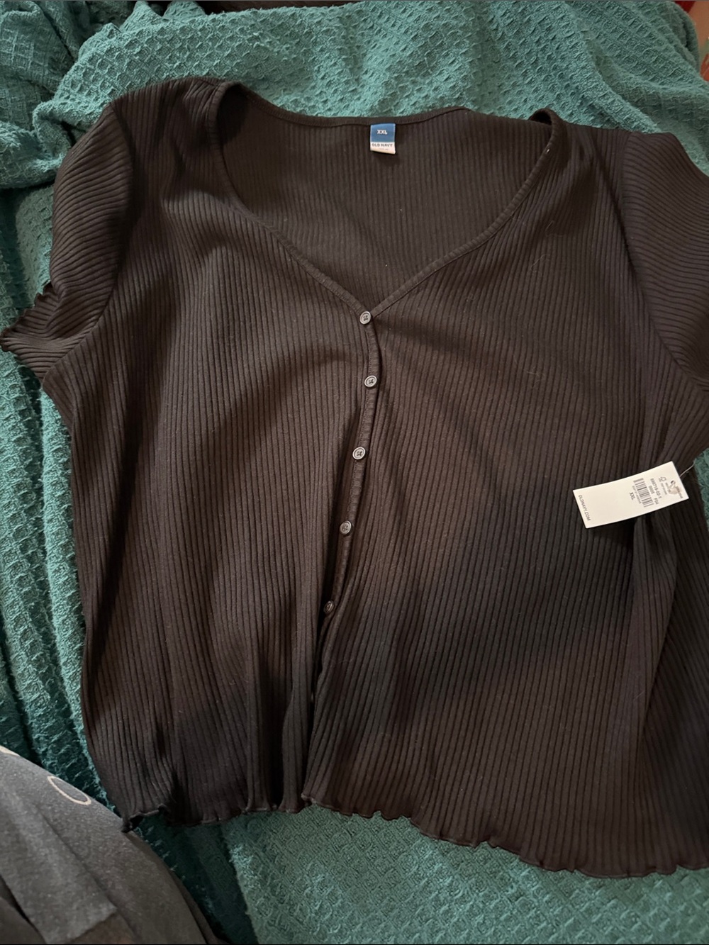 Old Navy Black Ribbed V-Neck Button Front Top